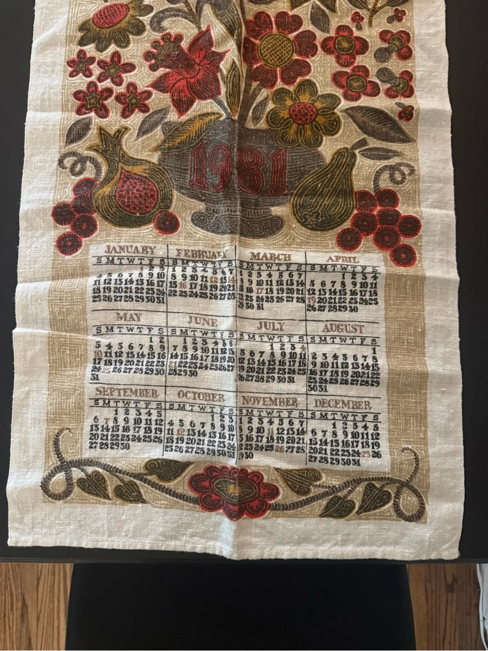 Vintage Red and Olive Green Floral Calendar Towel